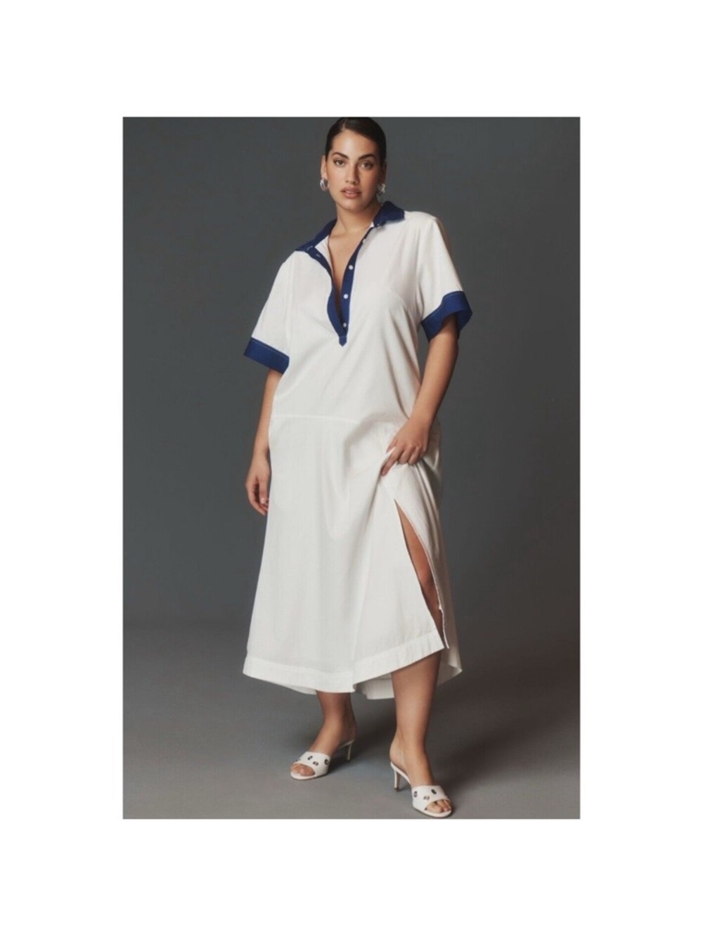 Maeve White Maxi Polo Dress with Navy Trim